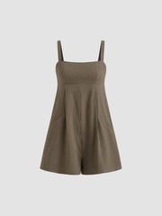 Cotton Square Neck Check Shirred Romper