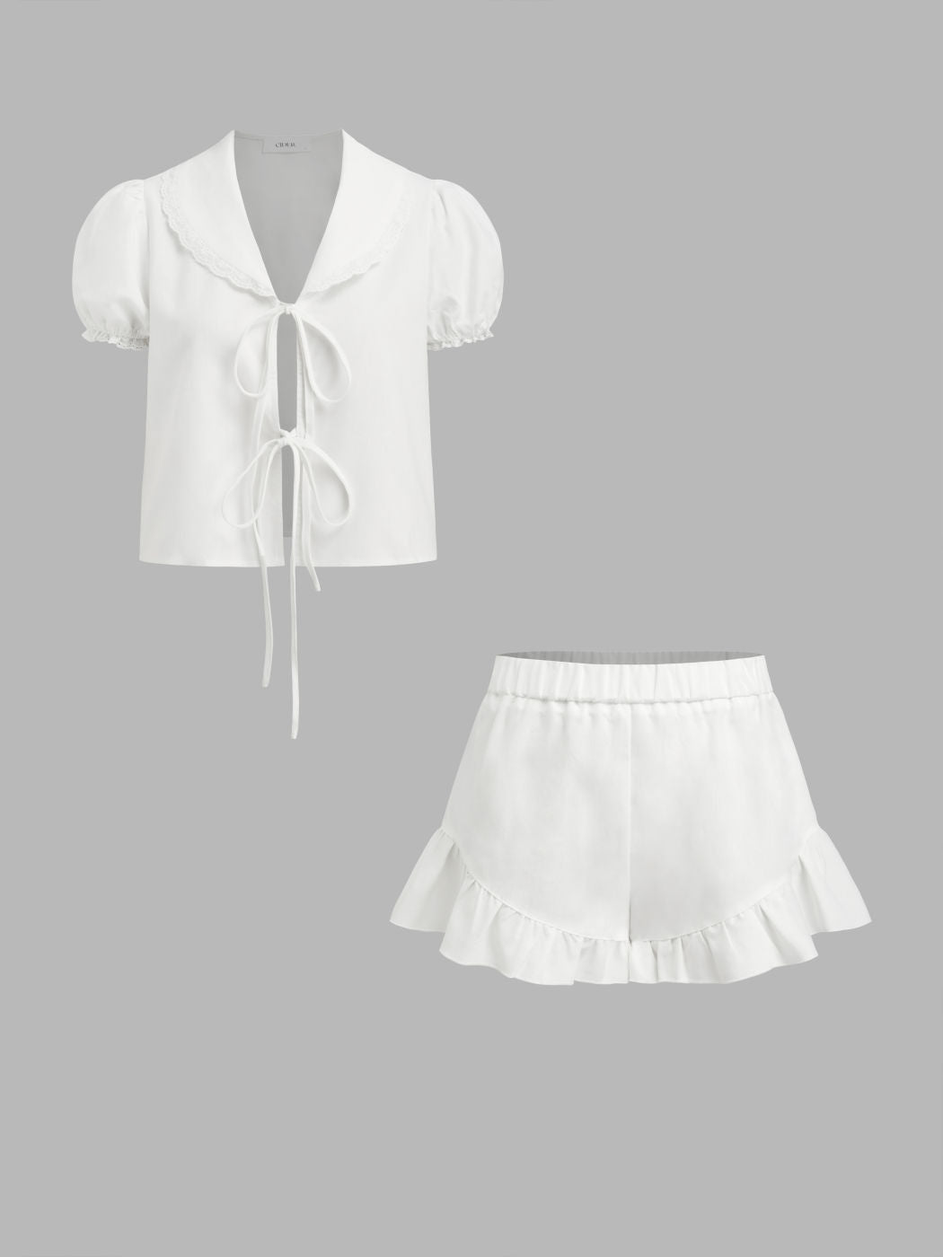 Linen-blend V-neck Tie Front Puff Sleeve Top & Mid Rise Ruffle Hem Shorts Loungewear Set