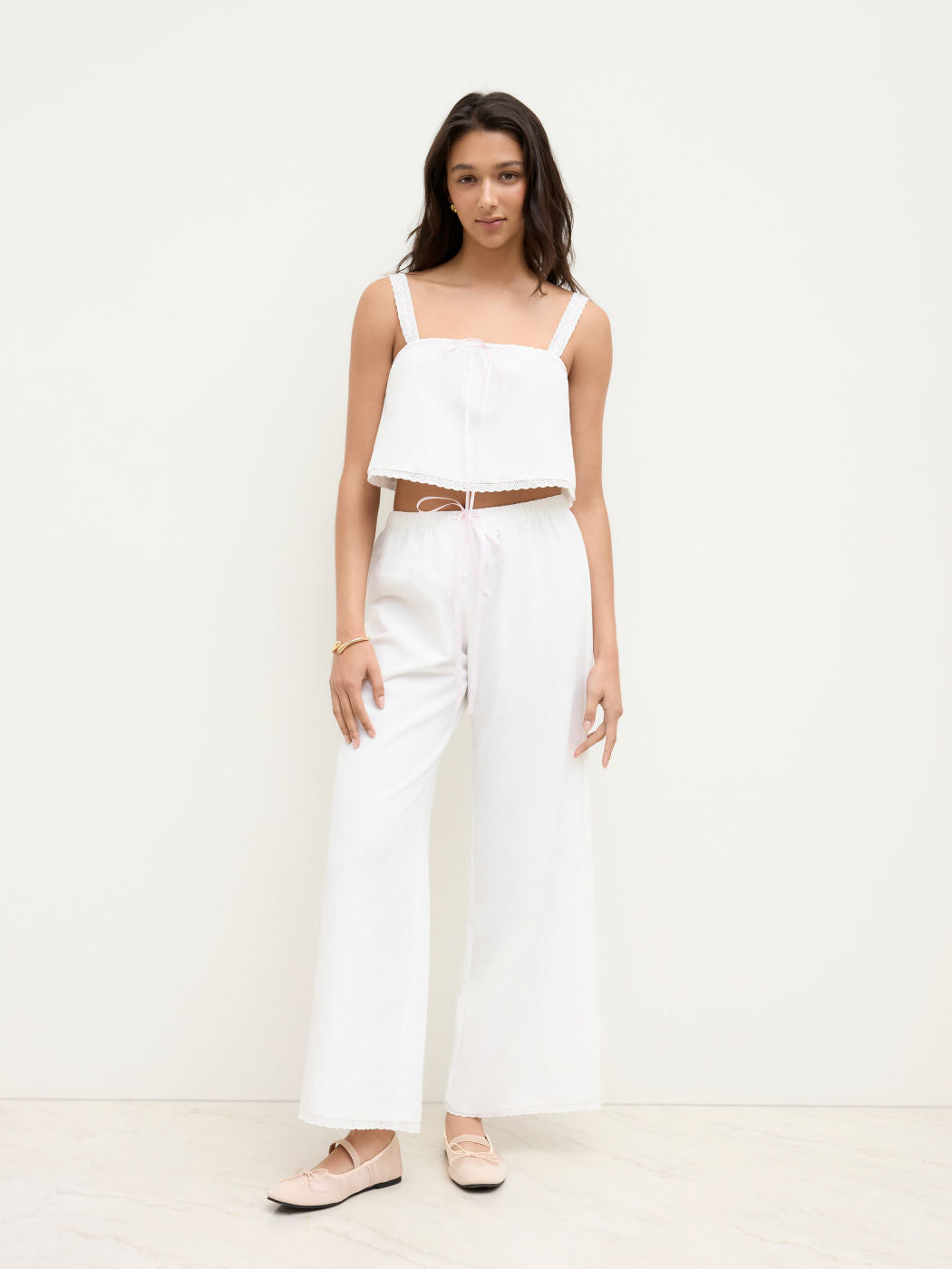 Linen-blend Knotted Lace Trim Crop Cami Top & Mid Rise Wide Leg Trousers Loungewear Set