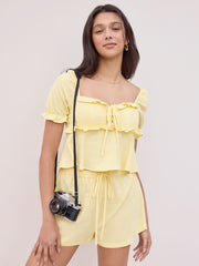 Linen-blend Sweetheart Knotted Lettuce Trim Ruffle Hem Top & Mid Rise Drawstring Shorts Loungewear Set