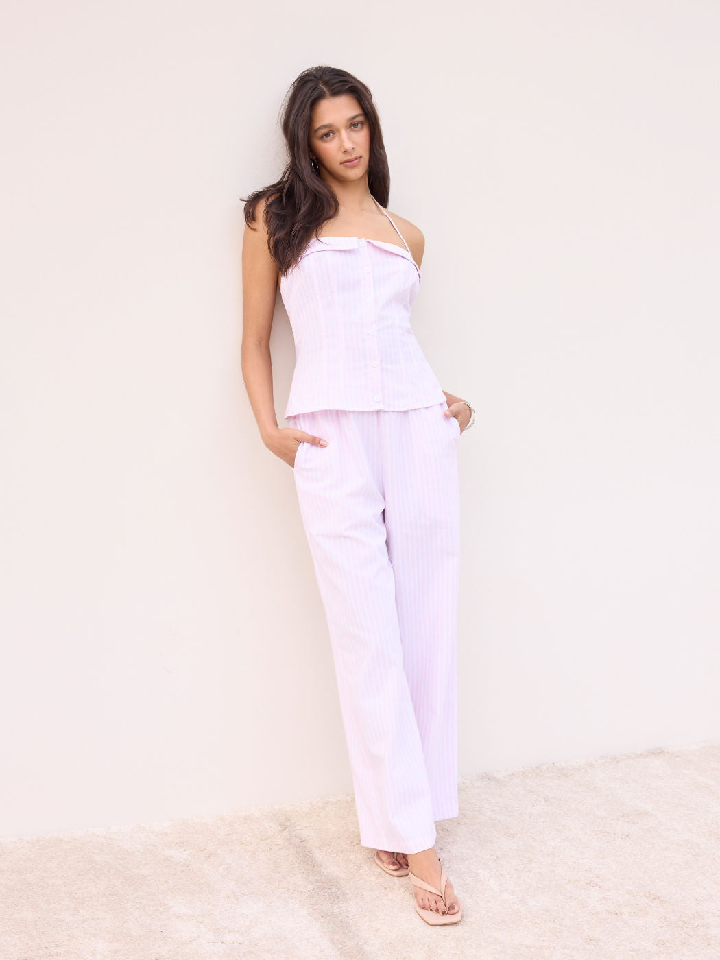 Linen-blend Halter Neckline Stripe Cami Top & Mid Rise Straight Leg Trousers