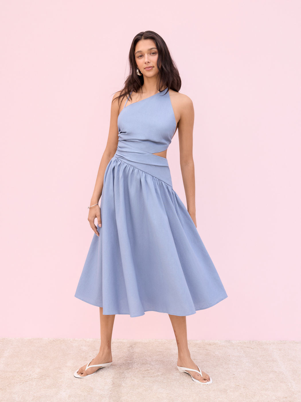 Linen-blend Asymmetrical Neck Cut Out Ruched Backless Midi Dress