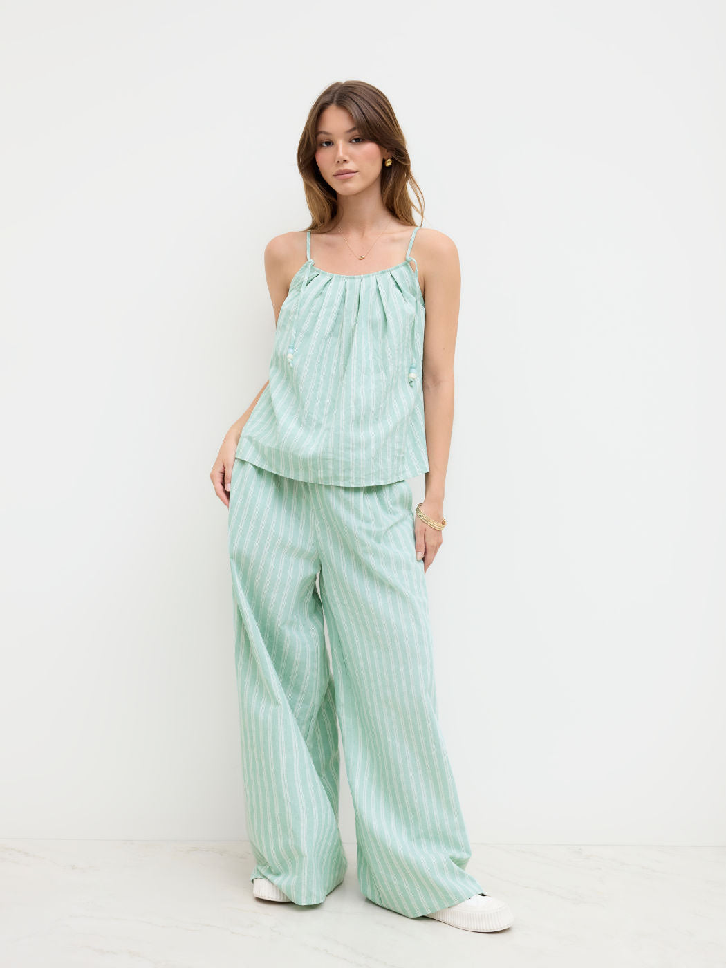 Cotton-blend Stripe Beaded Pleated Cami top With Mid Rise Straight Leg Trousers Set