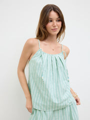 Cotton-blend Stripe Beaded Pleated Cami top With Mid Rise Straight Leg Trousers Set