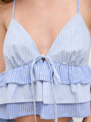 Cotton-blend Two Tone Stripes Tie Front Ruffle Hem Cami Top