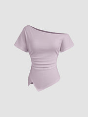 Cotton-blend Asymmetrical Neck Ruched Tee
