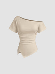 Cotton-blend Asymmetrical Neck Ruched Tee