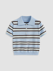 Knit Polo Collar Stripe Short Sleeve Top