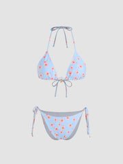 Halter Neckline Floral Knotted Tie Side Bikini Set