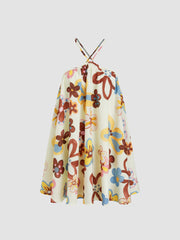 Halter Neckline Floral Criss Cross Oversized Mini Dress