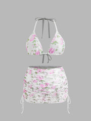 V-neck Floral Knotted Halter Full Coverage Bikini Set With Drawstring Cover Up Skirt Curve & Plus