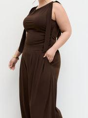 Boat Neck Knotted Ruched Top & Straight Leg Trousers Set Curve & Plus