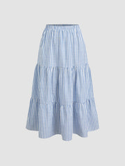 Cotton-blend Mid Rise Elastic Waist Stripe Ruffle Tiered Maxi Skirt