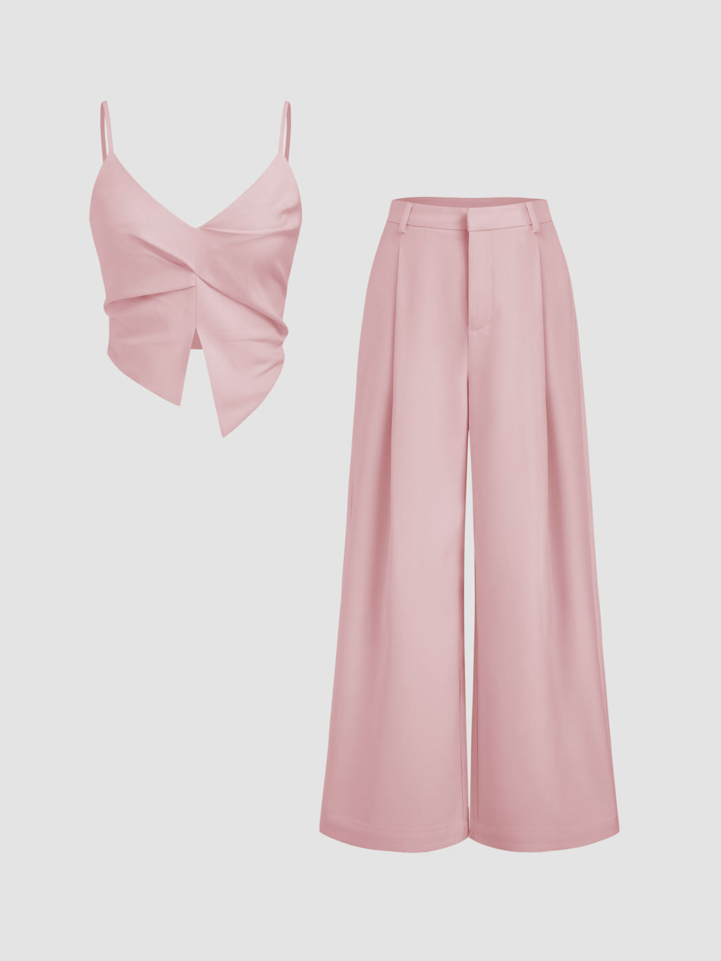 V-neck Twist Split Crop Cami Top & Mid Rise Wide Leg Trousers