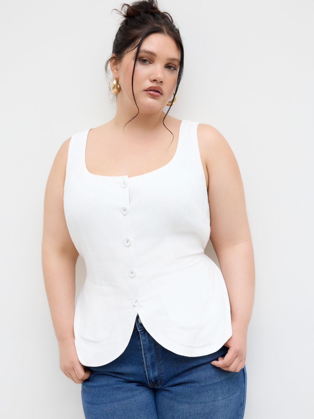 Linen-blend U-neckline Button Through Knotted Blazer Vest Curve & Plus