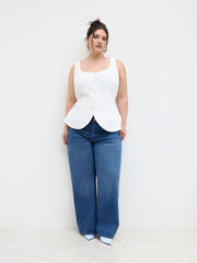 Linen-blend U-neckline Button Through Knotted Blazer Vest Curve & Plus