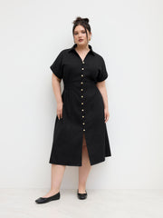 Linen-blend Polo Shirred Button Through Midi Shirt Dress Curve & Plus