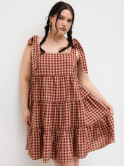 Cotton-blend Gingham Bowknot Tiered Ruffle Mini Dress Curve & Plus
