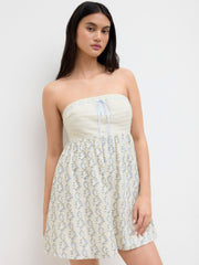 Cotton Patched Floral Knotted Shirred Ruffle Bandeau Mini Dress