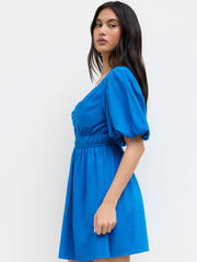 Linen-blend V-neck Shirred Puff Sleeve Mini Dress