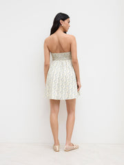 Cotton Patched Floral Knotted Shirred Ruffle Bandeau Mini Dress
