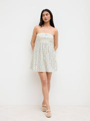 Cotton Patched Floral Knotted Shirred Ruffle Bandeau Mini Dress