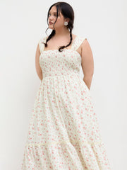 Square Neck Ditsy Floral Shirred Midi Dress Curve & Plus