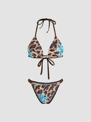 V-neck Floral Leopard Halter Cheeky Bikini Set With Sarong