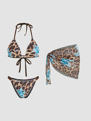 V-neck Floral Leopard Halter Cheeky Bikini Set With Sarong
