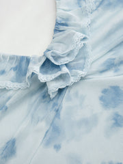 Halter Neckline Floral Ruched Lace Trim Ruffle Maxi Dress