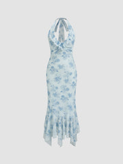 Halter Neckline Floral Ruched Lace Trim Ruffle Maxi Dress