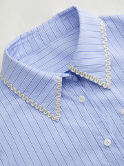 Cotton-blend 	Collar Stripe Ruffle Hem Shirt