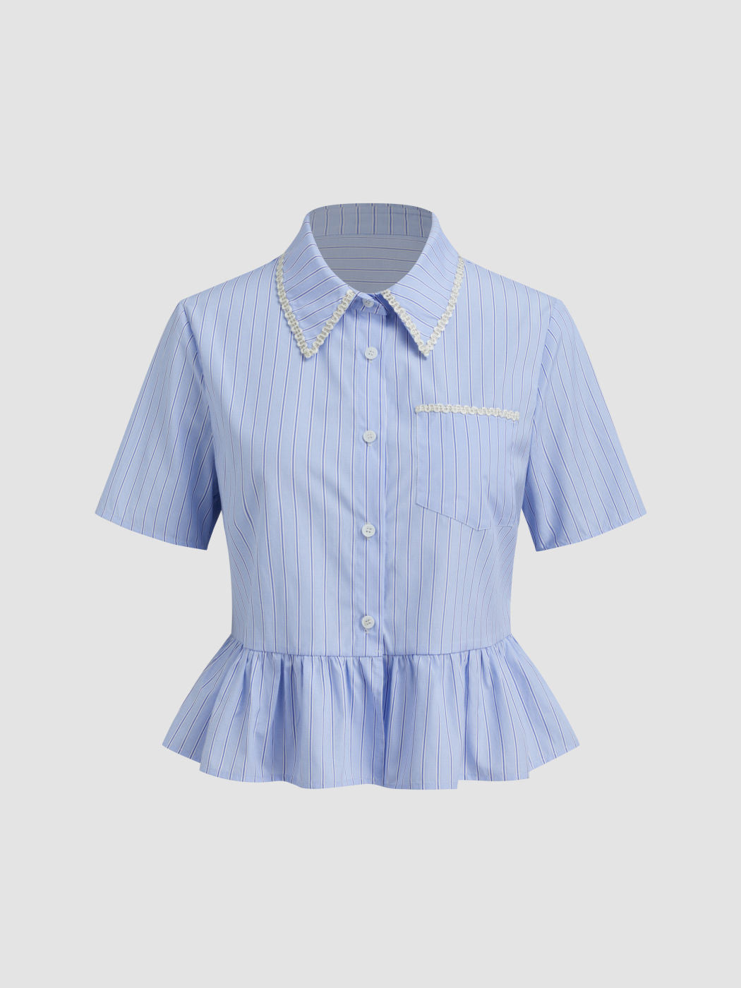 Cotton-blend 	Collar Stripe Ruffle Hem Shirt
