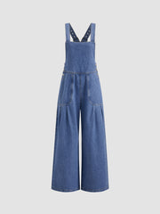 Denim Pleated Belted Shoulder Straps Jumpsuit