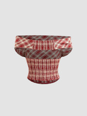 Multi-way Cowl Neck Plaid Shirred Tank Top