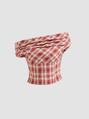 Multi-way Cowl Neck Plaid Shirred Tank Top