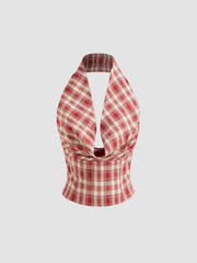 Multi-way Cowl Neck Plaid Shirred Tank Top