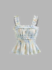 Chiffon Illusion Shirred Lettuce Trim Lace Up Ruffle Hem Tank Top