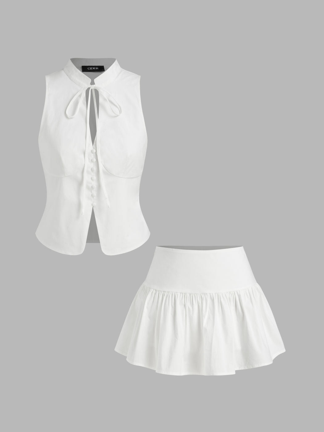 Cotton-blend Mandarin Collar Cut Out Top & Low Rise Ruffle Hem Mini Skirt