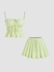Cotton-blend Stripe Shirred Knotted Cami Top & Mid Rise Elastic Waist Mini Skort Set