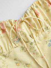 Linen-blend Square Neck Ditsy Floral Shirred Knotted Midi Dress