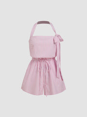 100% Cotton Halter Neckline Stripe Drawstring Knotted Romper