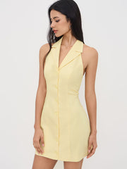 Linen-blend Collar Halter Neckline Button Through Mini Dress