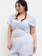 Cotton-blend  Sweetheart Stripe Bowknot Top & Mid Rise Broderie Anglaise Trim Shorts Set Curve & Plus