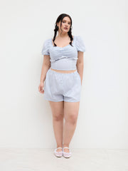 Cotton-blend  Sweetheart Stripe Bowknot Top & Mid Rise Broderie Anglaise Trim Shorts Set Curve & Plus