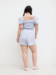 Cotton-blend  Sweetheart Stripe Bowknot Top & Mid Rise Broderie Anglaise Trim Shorts Set Curve & Plus