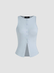 Round Neckline Solid Button Crop Tank Top