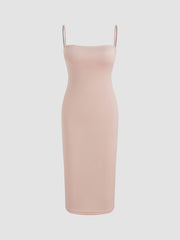 Two Pieces Mesh Square Neck Ruched Lettuce Trim Midi Dress & Solid Slip Dress