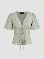 V-neck Floral Embroidery Tie Front Bow Short Sleeve Blouse