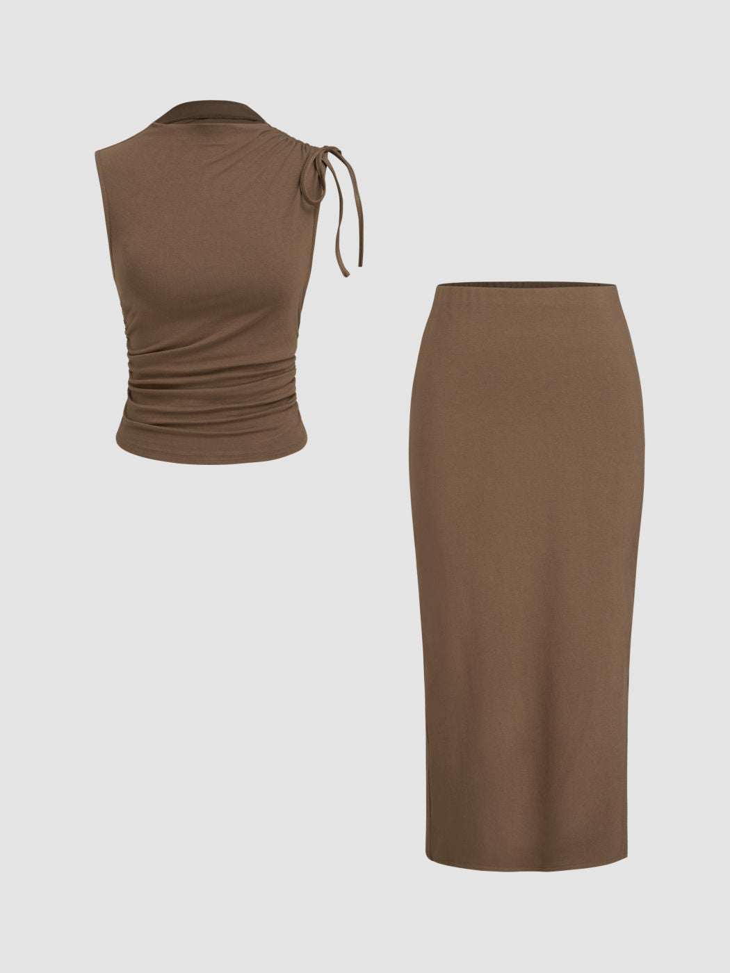 Stand Collar Drawstring Ruched Tank Top & High Rise Split Maxi Skirt Set